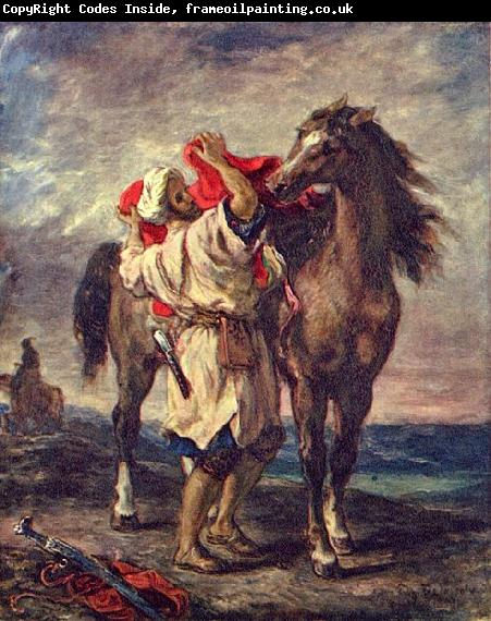 Eugene Delacroix Marokkaner beim Satteln seines Pferdes